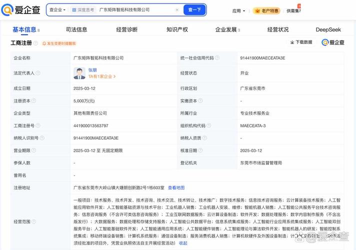 代表人为张朋,注册资本5000万元,经营范围包含人工智能应用软件开发